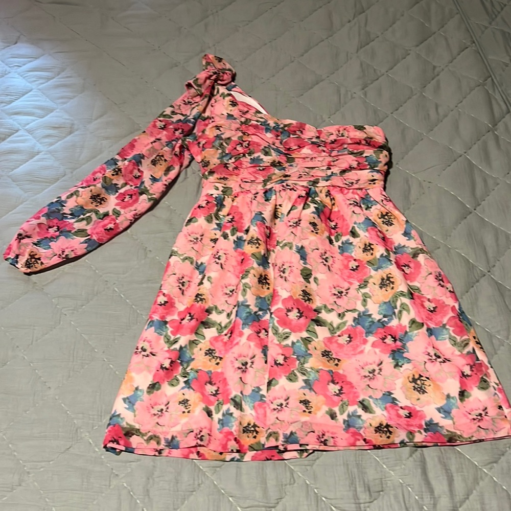 Never worn pink floral, one shoulder, bow on the back, zip up dress